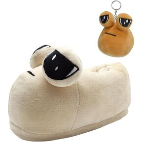 Sad Pou Women Slippers with Pendant, Kawaii Cartoon Funny Alien Plush Slippers, Fuzzy Animals House Shoes for Men Women Birthday Christmas