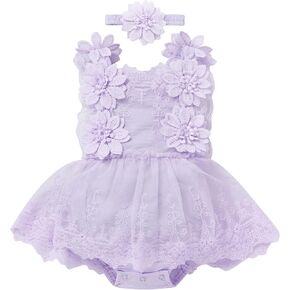 FYMNSI Newborn Baby Girl 1st Birthday Outfit Floral Lace Tulle Romper Tutu Dress Cake Smash Princess Boho Clothes Photo Shoot