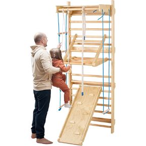 VEVOR Swedish Ladder Wall Gym, 15-Level 8 in 1 Wooden Indoor Jungle Gym, 220 lbs Load Capacity Playground Climbing Toys with Pull-Up Bar, Gym Rings, Swing Seat, Rope Ladder, Wall Ladder, Slide Board in Saudi Arabia