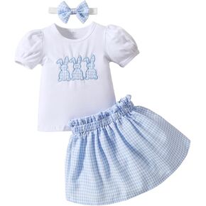 Baby Girl Easter Outfit Toddler Girl Clothes Plaid Skirt Bunny Shirt Headband Infant Summer Clothes Sets