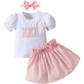 Baby Girl Easter Outfit Toddler Girl Clothes Plaid Skirt Bunny Shirt Headband Infant Summer Clothes Sets