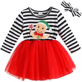 MAMAMI 2PCS Toddler Baby Girl Christmas Dress Cotton Long Sleeve Santa Prints Christmas Princess Tutu Dress+Headband 6M-6T
