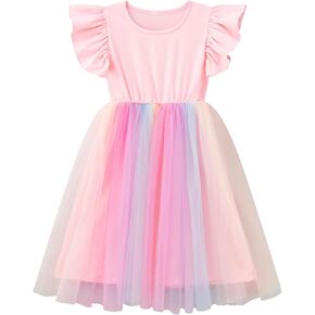 LYXIOF Girls Tutu Dress Casual Tulle Summer Solid Color Ruffle Sleeve Dress