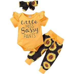 Baby Girls Newborn 3PCS Clothes Top Flower Printed T Shirt Pants Headband