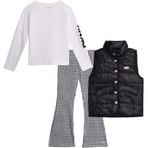 DKNY Girls' Vest Set - 3 Piece Button Down Insulated Puffer Vest, Long Sleeve Shirt and Flare Leggings Set (Sizes:2T-6X)