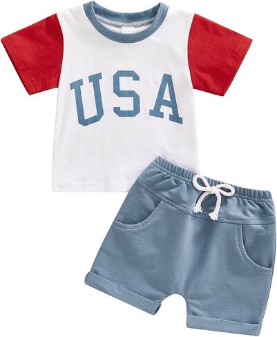 Infant Toddler Baby Boy Summer Clothes Striped O-Neck T-Shirt Tops Shorts Pants with Pockets 2Pcs Outfit Set in Saudi Arabia