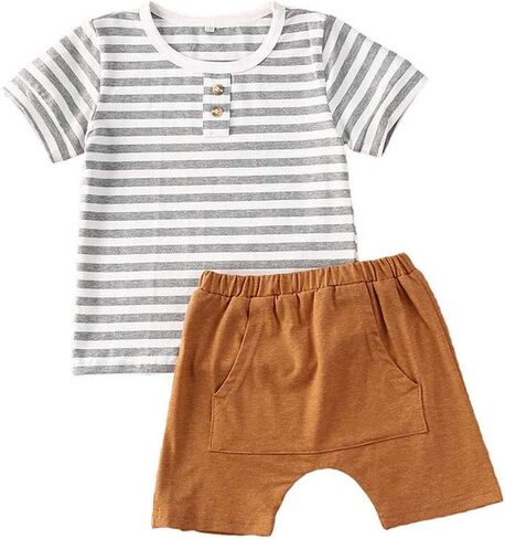 Infant Toddler Baby Boy Summer Clothes Striped O-Neck T-Shirt Tops Shorts Pants with Pockets 2Pcs Outfit Set in Saudi Arabia