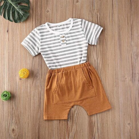 Infant Toddler Baby Boy Summer Clothes Striped O-Neck T-Shirt Tops Shorts Pants with Pockets 2Pcs Outfit Set in Saudi Arabia