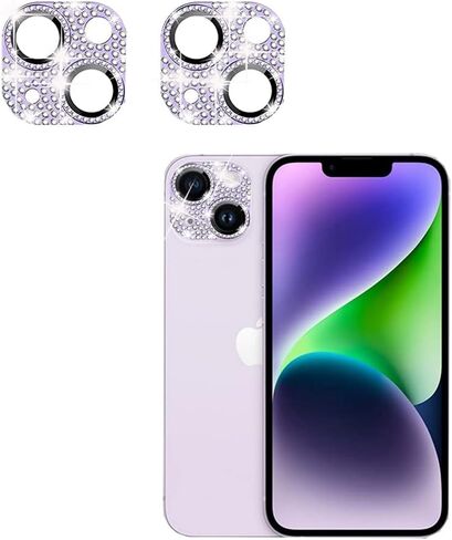 [2 Pack] 2 in 1 Bling Crystal Camera Lens Protector Glitter Diamond Metal Lens Cover +Glass Screen Full Protector Compatible with iPhone 14/14 Plus(Purple) in Saudi Arabia
