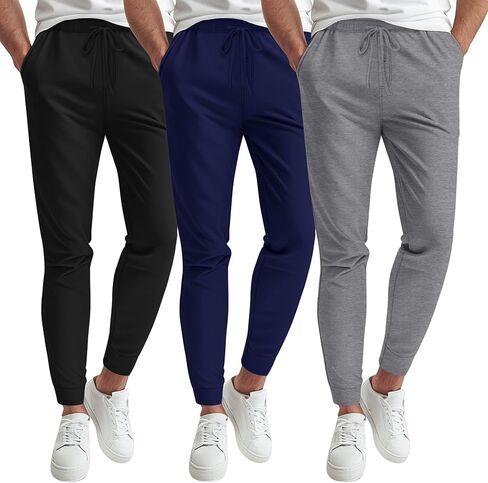 مجموعة من 3 سراويل رجالية مريحة برباط، سراويل رياضية محبوكة كاجوال مريحة وخفيفة الوزن مع جيوب in Kuwait