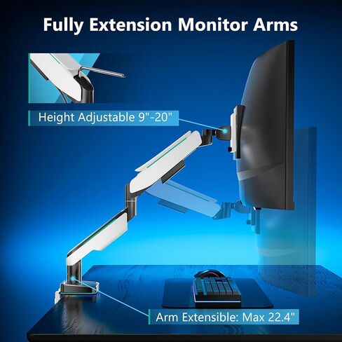 WALI Single Monitor Gas Spring Desk Mount, Heavy Duty Monitor Arm for Ultrawide Screen up to 35 inch, 33 lbs. Fully Adjustable, Mounting Holes 75 and 100 (GSM001XL), Black in Kuwait
