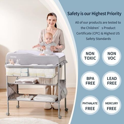 Sweeby Portable Baby Changing Table, Foldable Changing Table Dresser Changing Station for Infant, Waterproof Diaper Changing Table Pad Topper, Mobile Nursery Organizer for Newborn Essentials (Grey) in Kuwait