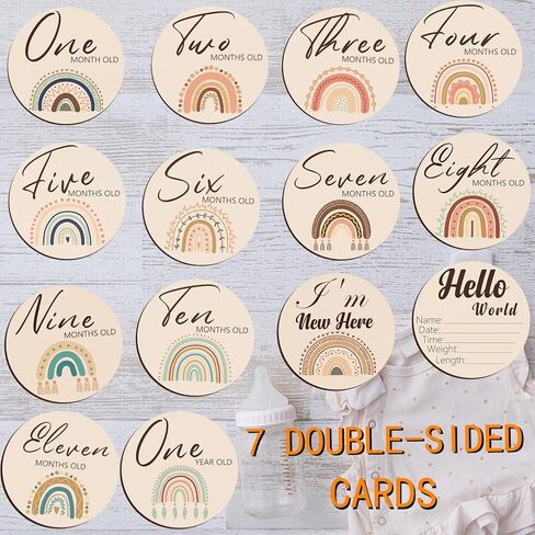 معلم شهري للطفل، علامات معلم الطفل الجميلة - 7 دوائر خشبية مزدوجة الجوانب، أقراص تصوير فوتوغرافي لحديثي الولادة، علامة إعلان عن رحلة الحمل، مجموعة هدايا للأطفال الأولاد والبنات in Kuwait