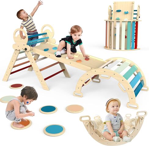 Pikler Triangle Set 8-in-1 Toddler Climbing Toys Indoor, Montessori Climbing Set with Cushion and Stepping Stones, Folding with Arch,Ramp,Kids Slide,Climbing Triangle (Modern Boho) in Saudi Arabia
