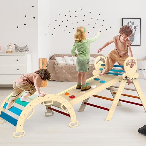 Pikler Triangle Set 8-in-1 Toddler Climbing Toys Indoor, Montessori Climbing Set with Cushion and Stepping Stones, Folding with Arch,Ramp,Kids Slide,Climbing Triangle (Modern Boho) in Saudi Arabia