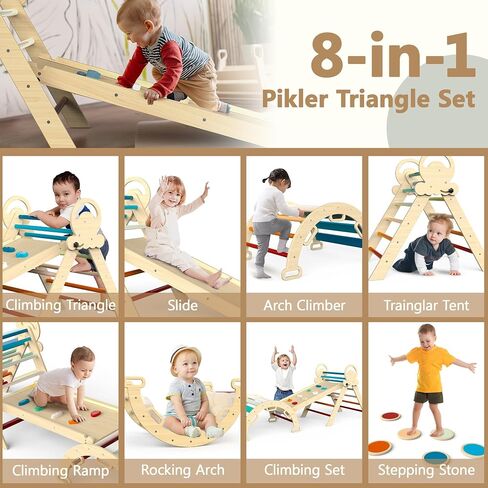 Pikler Triangle Set 8-in-1 Toddler Climbing Toys Indoor, Montessori Climbing Set with Cushion and Stepping Stones, Folding with Arch,Ramp,Kids Slide,Climbing Triangle (Modern Boho) in Saudi Arabia