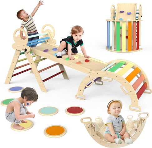 Pikler Triangle Set 8-in-1 Toddler Climbing Toys Indoor, Montessori Climbing Set with Cushion and Stepping Stones, Folding with Arch,Ramp,Kids Slide,Climbing Triangle (Modern Boho) in Saudi Arabia