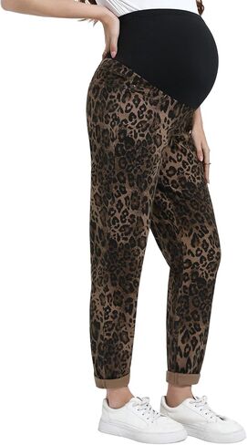 Women's Maternity Jeans Leopard Print Boyfriend Jeans Trendy Over Belly Stretch Denim Pregnancy Pants in Saudi Arabia