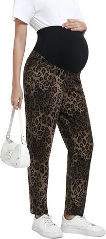 Women's Maternity Jeans Leopard Print Boyfriend Jeans Trendy Over Belly Stretch Denim Pregnancy Pants in Saudi Arabia