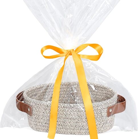 ABenkle Small Woven Basket, Mini Cotton Rope Storage Tiny Shelf Oval Decorative Toy Dog Cat Basket for Nursery, Empty Gift Basket with Gift Bags and Ribbon - White in Kuwait