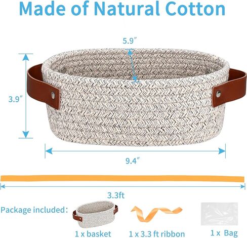 ABenkle Small Woven Basket, Mini Cotton Rope Storage Tiny Shelf Oval Decorative Toy Dog Cat Basket for Nursery, Empty Gift Basket with Gift Bags and Ribbon - White in Kuwait