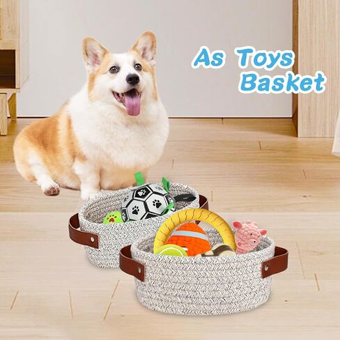 ABenkle Small Woven Basket, Mini Cotton Rope Storage Tiny Shelf Oval Decorative Toy Dog Cat Basket for Nursery, Empty Gift Basket with Gift Bags and Ribbon - White in Kuwait
