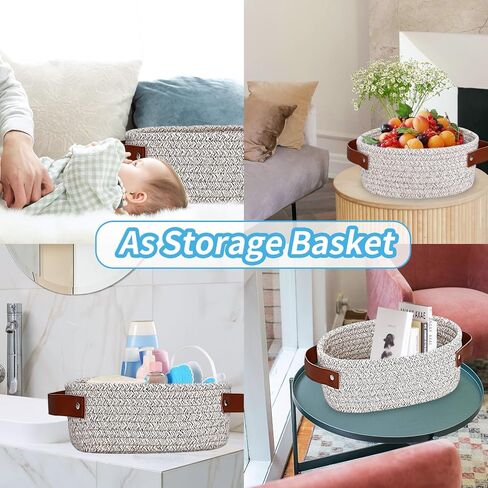 ABenkle Small Woven Basket, Mini Cotton Rope Storage Tiny Shelf Oval Decorative Toy Dog Cat Basket for Nursery, Empty Gift Basket with Gift Bags and Ribbon - White in Kuwait