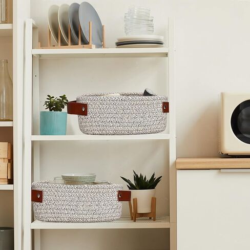 ABenkle Small Woven Basket, Mini Cotton Rope Storage Tiny Shelf Oval Decorative Toy Dog Cat Basket for Nursery, Empty Gift Basket with Gift Bags and Ribbon - White in Kuwait