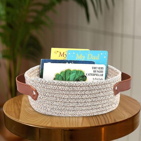 ABenkle Small Woven Basket, Mini Cotton Rope Storage Tiny Shelf Oval Decorative Toy Dog Cat Basket for Nursery, Empty Gift Basket with Gift Bags and Ribbon - White in Kuwait