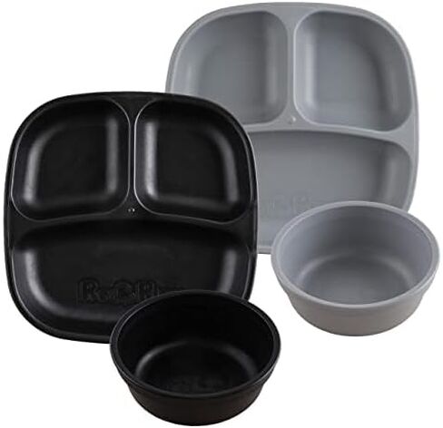 Re-Play Made in USA 4pk Starter Dining Set of 2 Divided Plates with 2 Matching Bowls in Black and Grey - Made from Environmentally Friendly Heavyweight Recycled Milk Jugs in Saudi Arabia