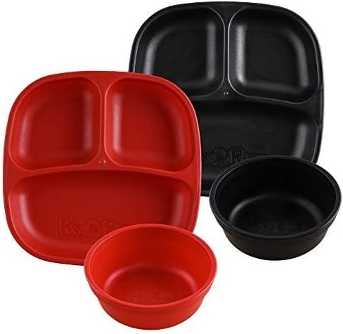 Re-Play Made in USA 4pk Starter Dining Set of 2 Divided Plates with 2 Matching Bowls in Black and Grey - Made from Environmentally Friendly Heavyweight Recycled Milk Jugs in Saudi Arabia