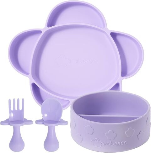 Grabease Portion Control Plate - Silicone Suction Plates for Baby-Led Weaning and Toddler Meals - Suction Bottoms 4 Piece Set, BPA and Phthalates-Free, Lavender in Kuwait
