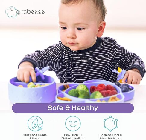 Grabease Portion Control Plate - Silicone Suction Plates for Baby-Led Weaning and Toddler Meals - Suction Bottoms 4 Piece Set, BPA and Phthalates-Free, Lavender in Kuwait