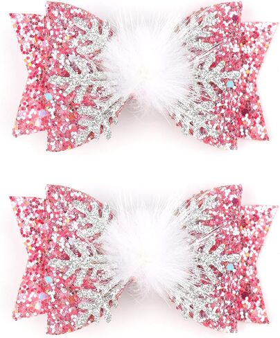 Snowflake Hair Bows Christmas Hair Clips for Women Girls, White Glitter Bow Hair Accessories Snow Hairball Hairpins Cute Bow Alligator Hair Barrettes Winter Xmas Party Decor Supplies 2Pcs in Saudi Arabia