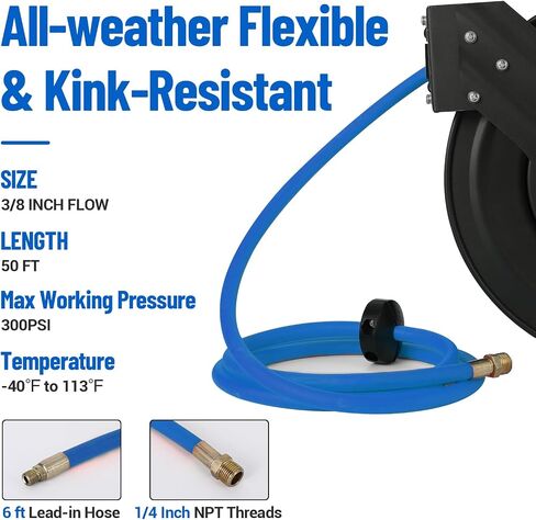 Retractable Air Hose Reel,3/8" x 25ft Air Compressor Hose Reel With Dual Arm,Hybrid Hose Heavy Duty Retractable Air Hose Included Auto Rewind Reel,300PSI in Saudi Arabia