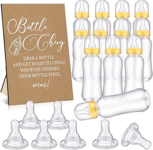 TrelaCo Cool Baby Shower Games Wooden Bottle Chug Sign Rustic Theme Baby Gift Sets and 12 Pcs Baby Bottle Shower Favor Baby Bottles for Rustic Kraft Baby Shower Games Gender Reveal (Rustic Kraft) in Kuwait