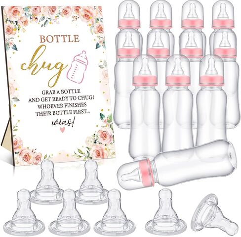 TrelaCo Cool Baby Shower Games Wooden Bottle Chug Sign Rustic Theme Baby Gift Sets and 12 Pcs Baby Bottle Shower Favor Baby Bottles for Rustic Kraft Baby Shower Games Gender Reveal (Rustic Kraft) in Kuwait