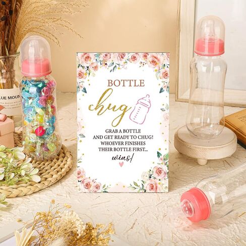 TrelaCo Cool Baby Shower Games Wooden Bottle Chug Sign Rustic Theme Baby Gift Sets and 12 Pcs Baby Bottle Shower Favor Baby Bottles for Rustic Kraft Baby Shower Games Gender Reveal (Rustic Kraft) in Kuwait