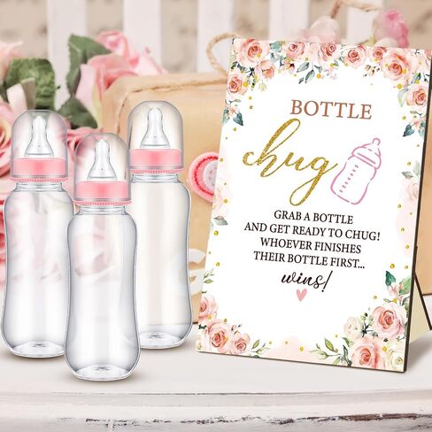 TrelaCo Cool Baby Shower Games Wooden Bottle Chug Sign Rustic Theme Baby Gift Sets and 12 Pcs Baby Bottle Shower Favor Baby Bottles for Rustic Kraft Baby Shower Games Gender Reveal (Rustic Kraft) in Kuwait