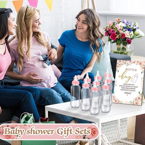 TrelaCo Cool Baby Shower Games Wooden Bottle Chug Sign Rustic Theme Baby Gift Sets and 12 Pcs Baby Bottle Shower Favor Baby Bottles for Rustic Kraft Baby Shower Games Gender Reveal (Rustic Kraft) in Kuwait