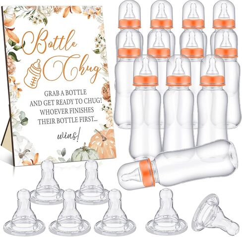 TrelaCo Cool Baby Shower Games Wooden Bottle Chug Sign Rustic Theme Baby Gift Sets and 12 Pcs Baby Bottle Shower Favor Baby Bottles for Rustic Kraft Baby Shower Games Gender Reveal (Rustic Kraft) in Kuwait