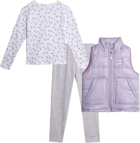 DKNY Girls' Vest Set - 3 Piece Button Down Quilted Puffer Vest Long Sleeve Shirt and Flare Leggings Set (Sizes: 2T-6X) in Saudi Arabia