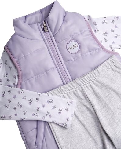 DKNY Girls' Vest Set - 3 Piece Button Down Quilted Puffer Vest Long Sleeve Shirt and Flare Leggings Set (Sizes: 2T-6X) in Saudi Arabia