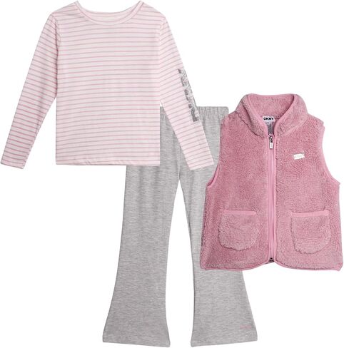 DKNY Girls' Vest Set - 3 Piece Button Down Quilted Puffer Vest Long Sleeve Shirt and Flare Leggings Set (Sizes: 2T-6X) in Kuwait