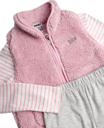 DKNY Girls' Vest Set - 3 Piece Button Down Quilted Puffer Vest Long Sleeve Shirt and Flare Leggings Set (Sizes: 2T-6X) in Kuwait