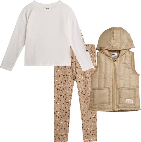 DKNY Girls' Vest Set - 3 Piece Button Down Quilted Puffer Vest Long Sleeve Shirt and Flare Leggings Set (Sizes: 2T-6X) in Saudi Arabia