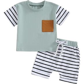 Kupretty Toddler Baby Boy Summer Clothes Color Block Stripe Short Sleeve T-shirts + Shorts 3 6 9 12 18 24 Month 2T Outfits