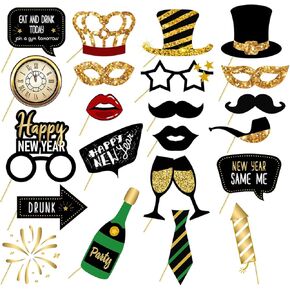 New Years Eve Photo Booth Props 2025, 22 Pcs Black Gold Funny New Years Eve Party Photo Booth Props 2025 Photobooth Props for Photography Selfie Props for Happy New Year Decorations