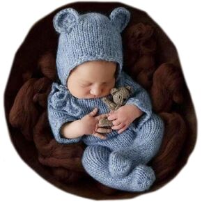 2Pcs Newborn Photography Props Boy Photo Posing Outfits Baby Photoshoots Costume Girl Crochet Bear Hat Romper