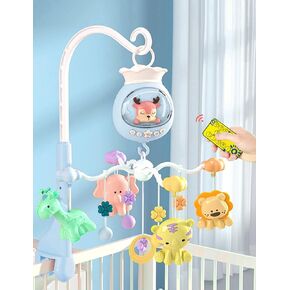 Baby Crib Mobile with Music and Lights, Baby Mobile for Crib with Remote Control, Hanging Rotating Animal Rattles, 50 Songs and Timing Function, Cartoon Baby Crib Toys for Girls (Baby Blue)